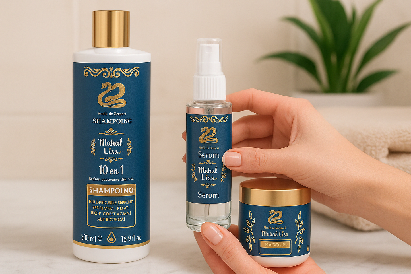 ✨ Kit Cheveux Mahal Liss Huile de Serpent – Shampoing Sans Sulfate, Masque & Sérum 10 Huiles Miraculeuses