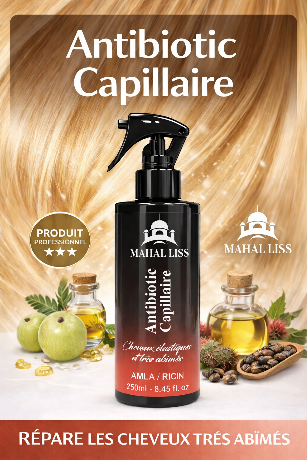 ANTIBIOTIC CAPILLAIRE MAHAL LISS – SOIN RÉPARATEUR PROFESSIONNEL INTENSIF POUR CHEVEUX ÉLASTIQUES ET TRÈS ABÎMÉS