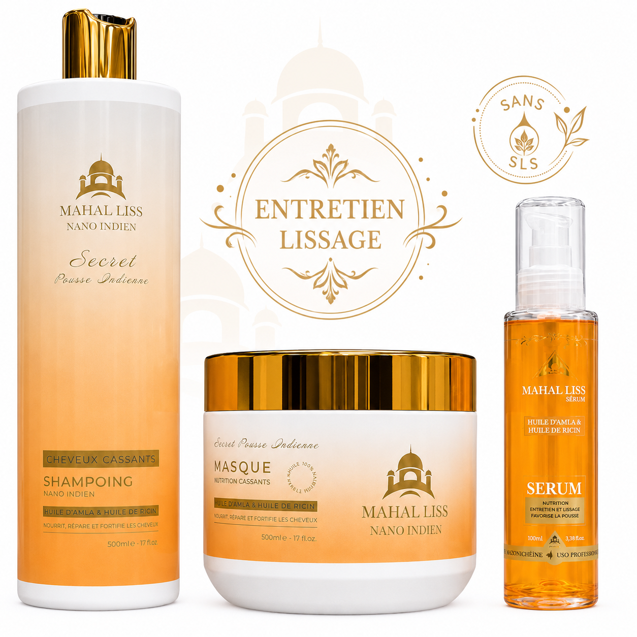 Kit Entretien Nano Indien Mahal Liss® – Shampoing Sans Sulfate, Masque & Sérum | Huile d'Amla & Ricin,  NOUVEAU PACKAGING
