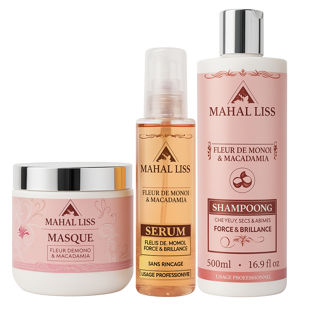 Kit Entretien Mahal Liss® Macadamia & Monoï – Soin Réparateur pour Cheveux Secs, Crépus & Abîmés