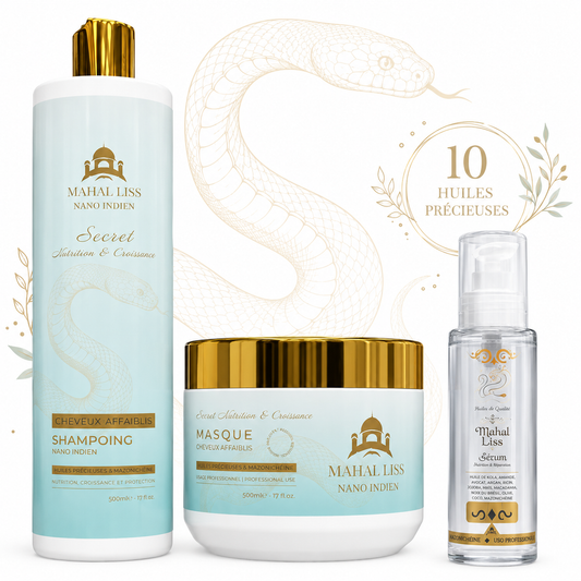 Kit Entretien Cheveux Mahal Liss® – Huile de Serpent & 10 Huiles Précieuses | Shampoing Sans Sulfate, Masque & Sérum NOUVEAU PACKAGING